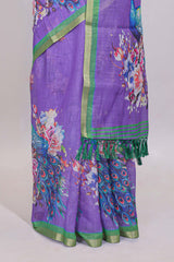 Purple peacock motifs linen cotton saree with contrast border and blouse