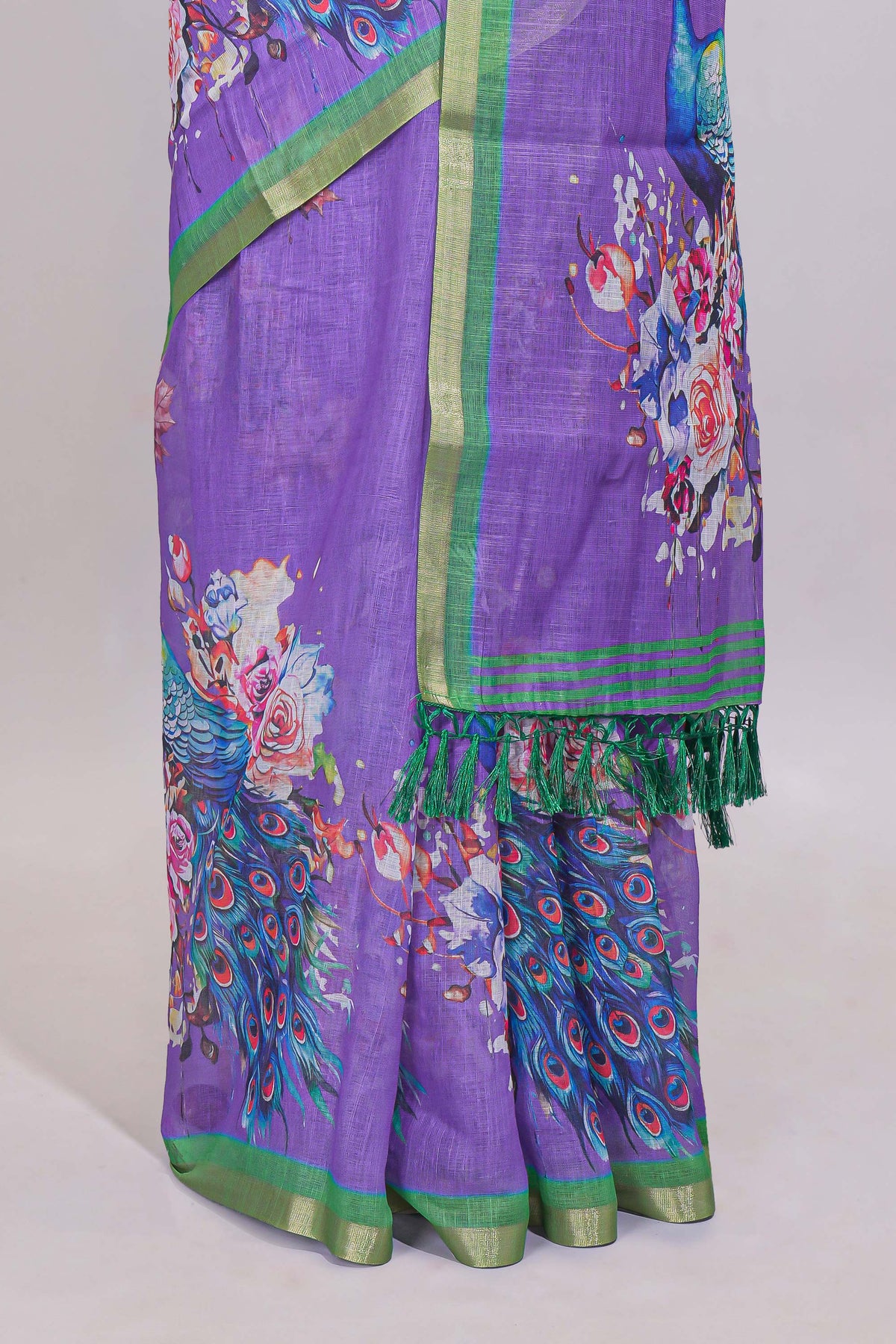 Purple peacock motifs linen cotton saree with contrast border and blouse
