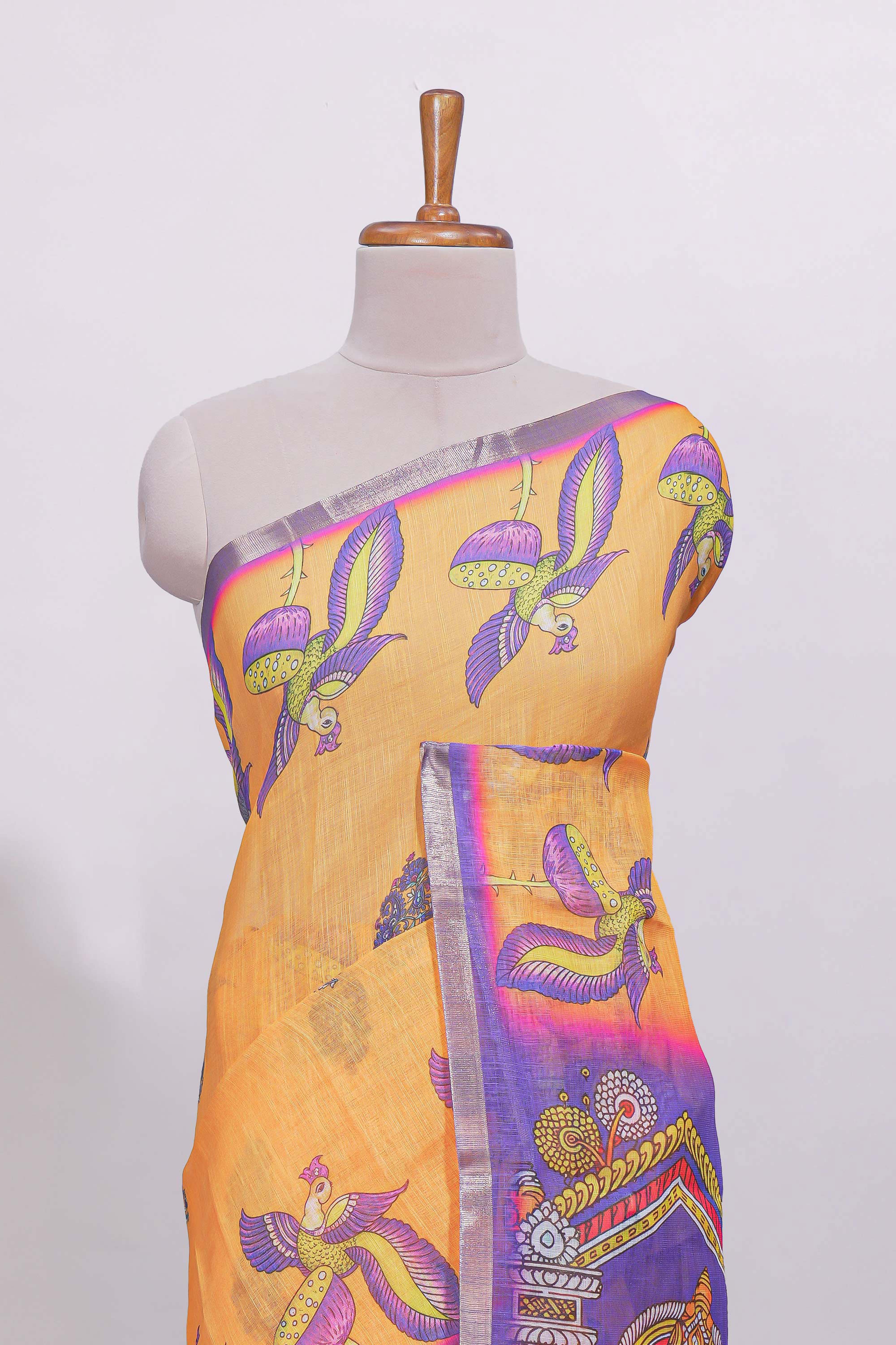 Yellow stylized bird motifs linen cotton saree with contrast border and blouse