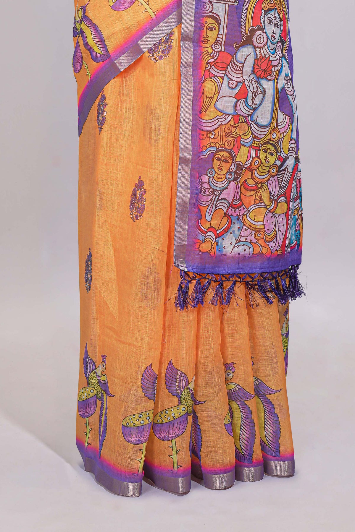 Yellow stylized bird motifs linen cotton saree with contrast border and blouse