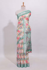 Multicolor floral designed linen cotton saree with contrast zari border and matching blouse