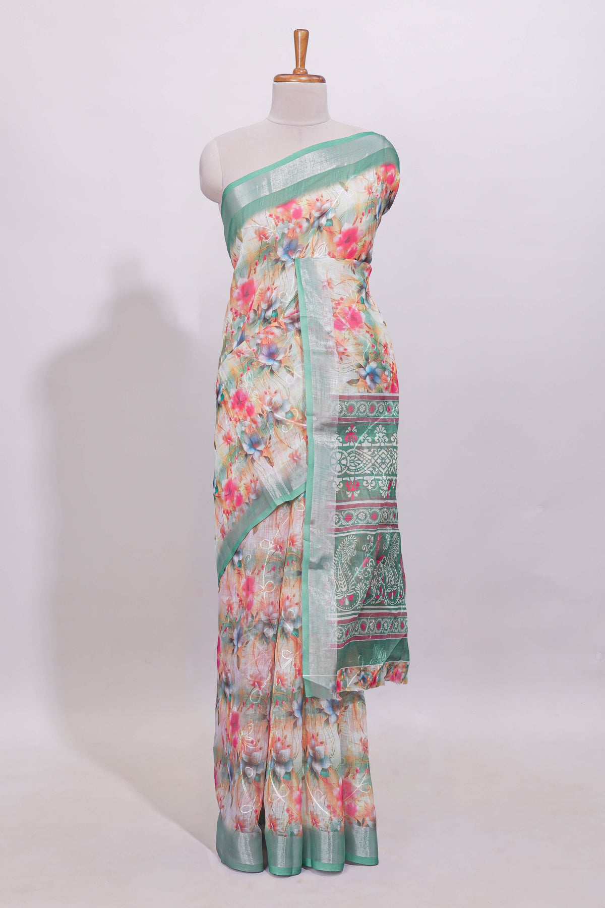 Multicolor floral designed linen cotton saree with contrast zari border and matching blouse