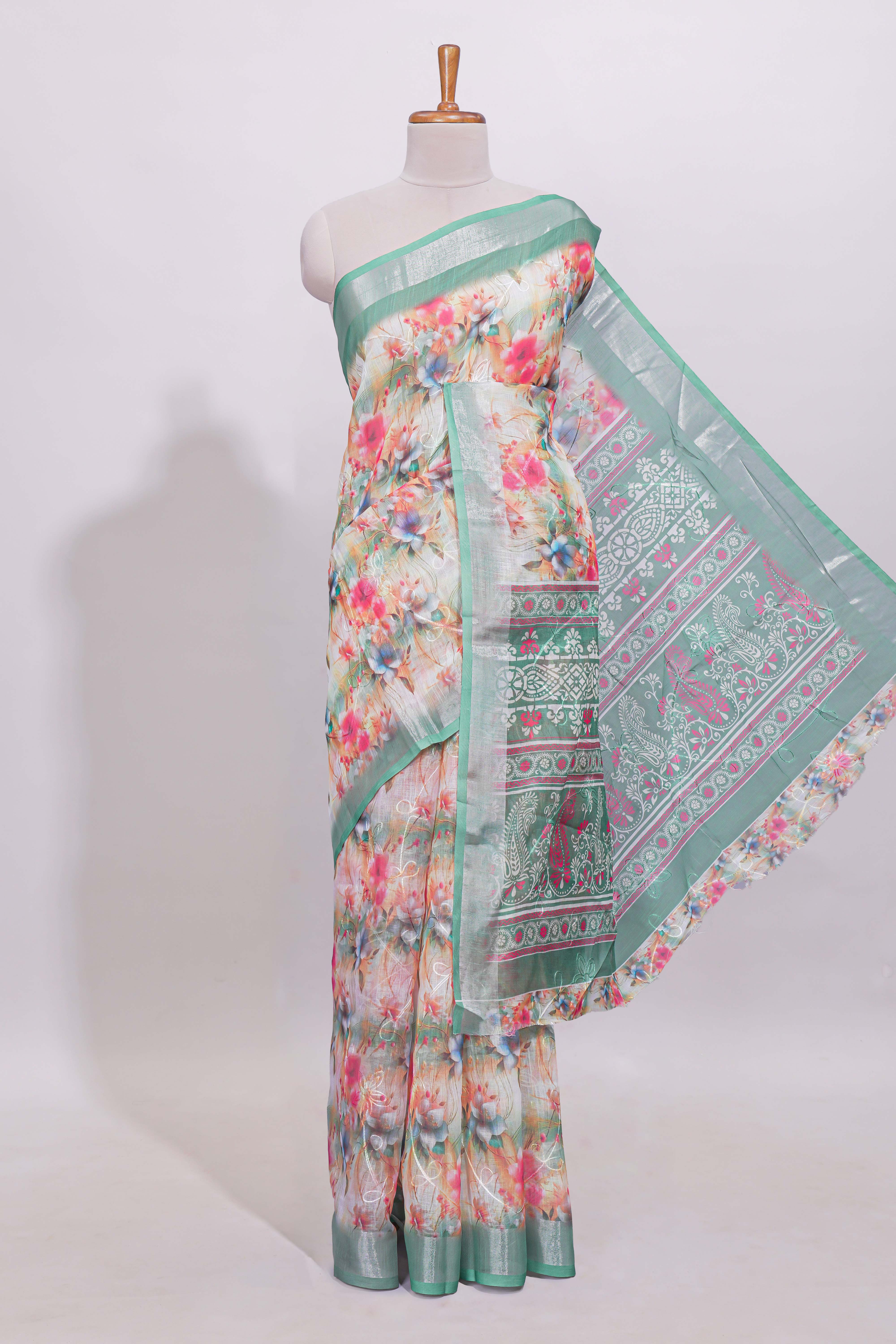 Multicolor floral designed linen cotton saree with contrast zari border and matching blouse