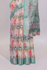 Multicolor floral designed linen cotton saree with contrast zari border and matching blouse