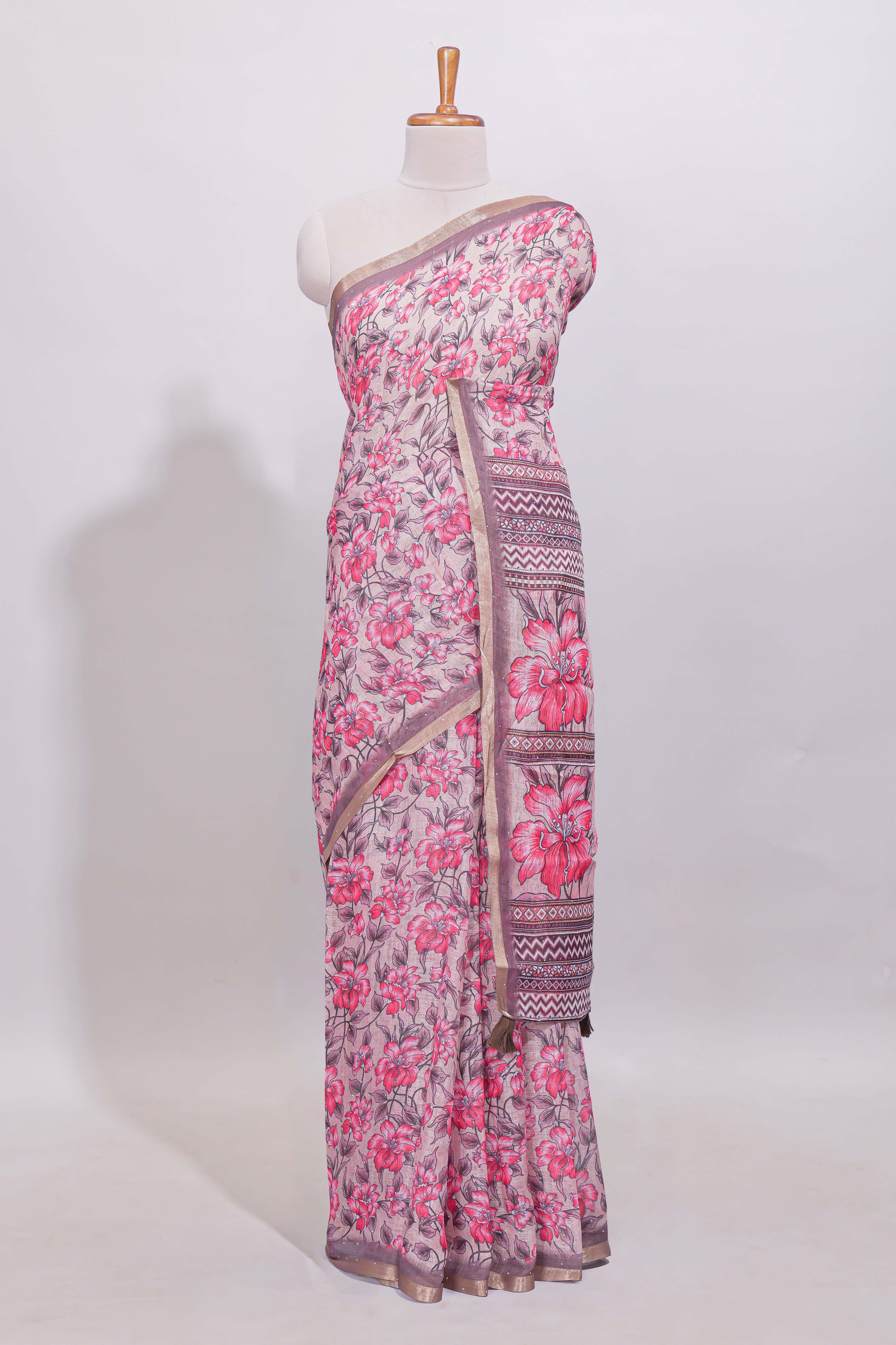 Dusty pink floral designed linen cotton saree with contrast border and matching blouse