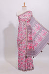 Dusty pink floral designed linen cotton saree with contrast border and matching blouse