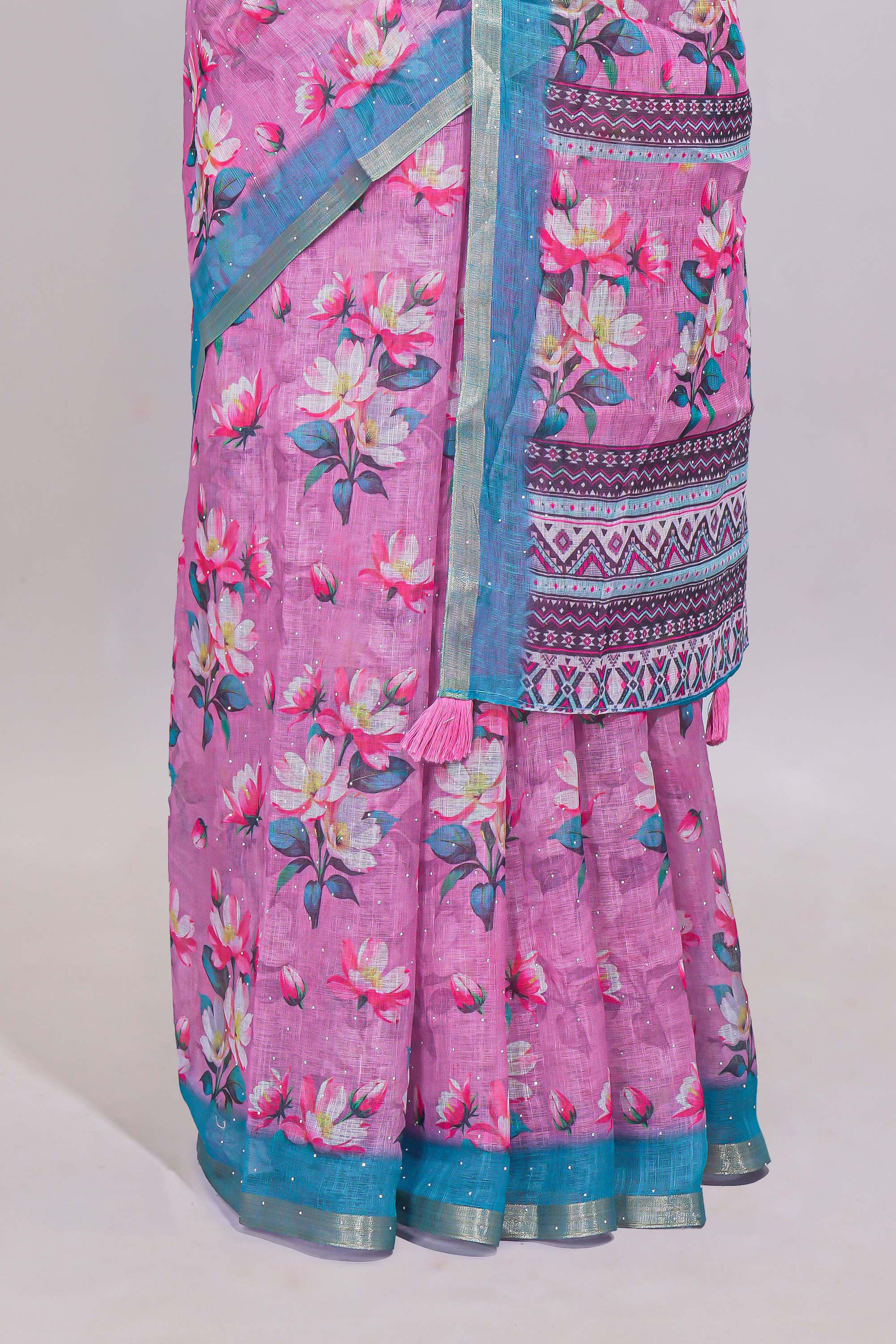 Pink floral designed linen cotton saree with contrast border and matching blouse