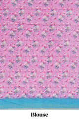Pink floral designed linen cotton saree with contrast border and matching blouse