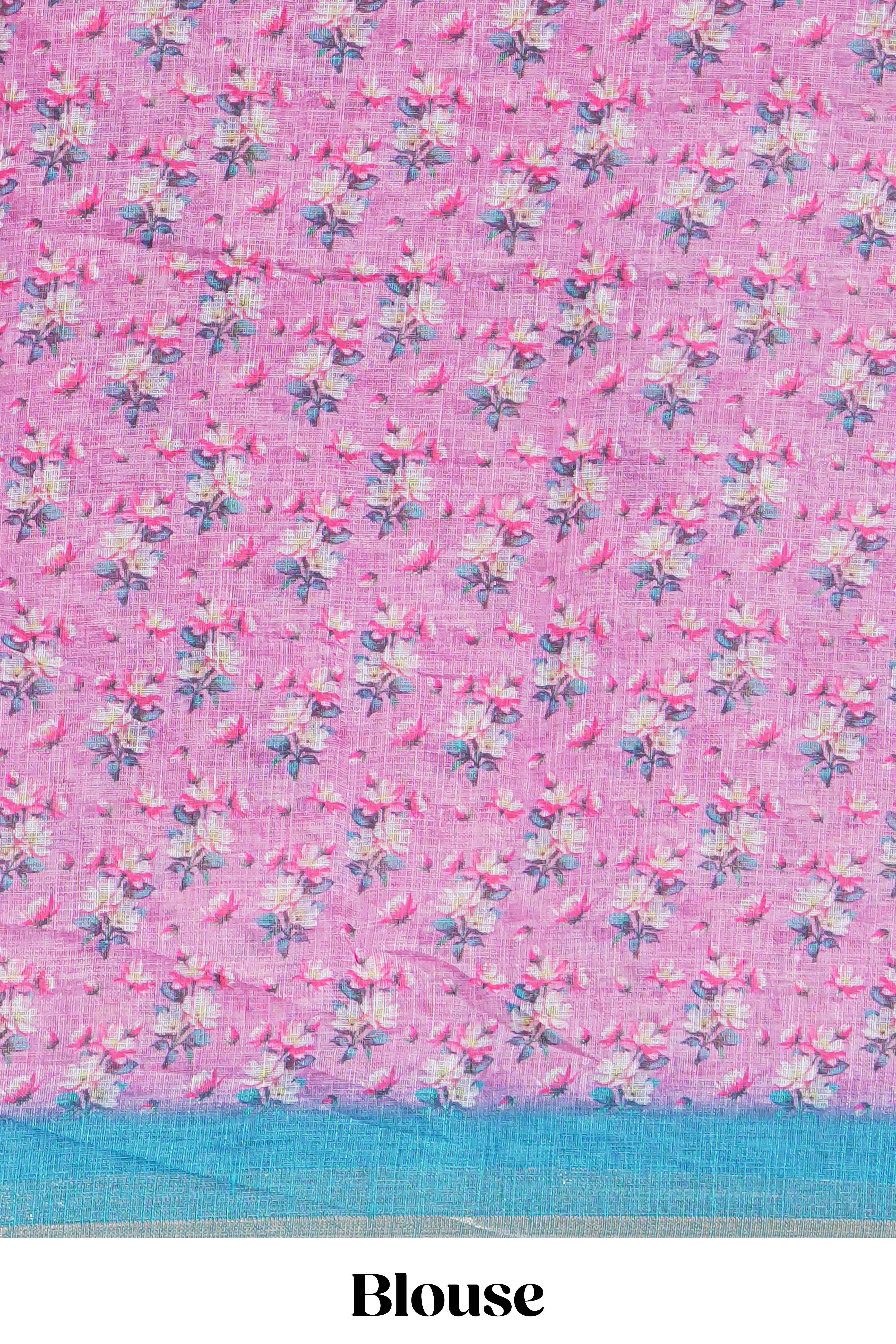 Pink floral designed linen cotton saree with contrast border and matching blouse