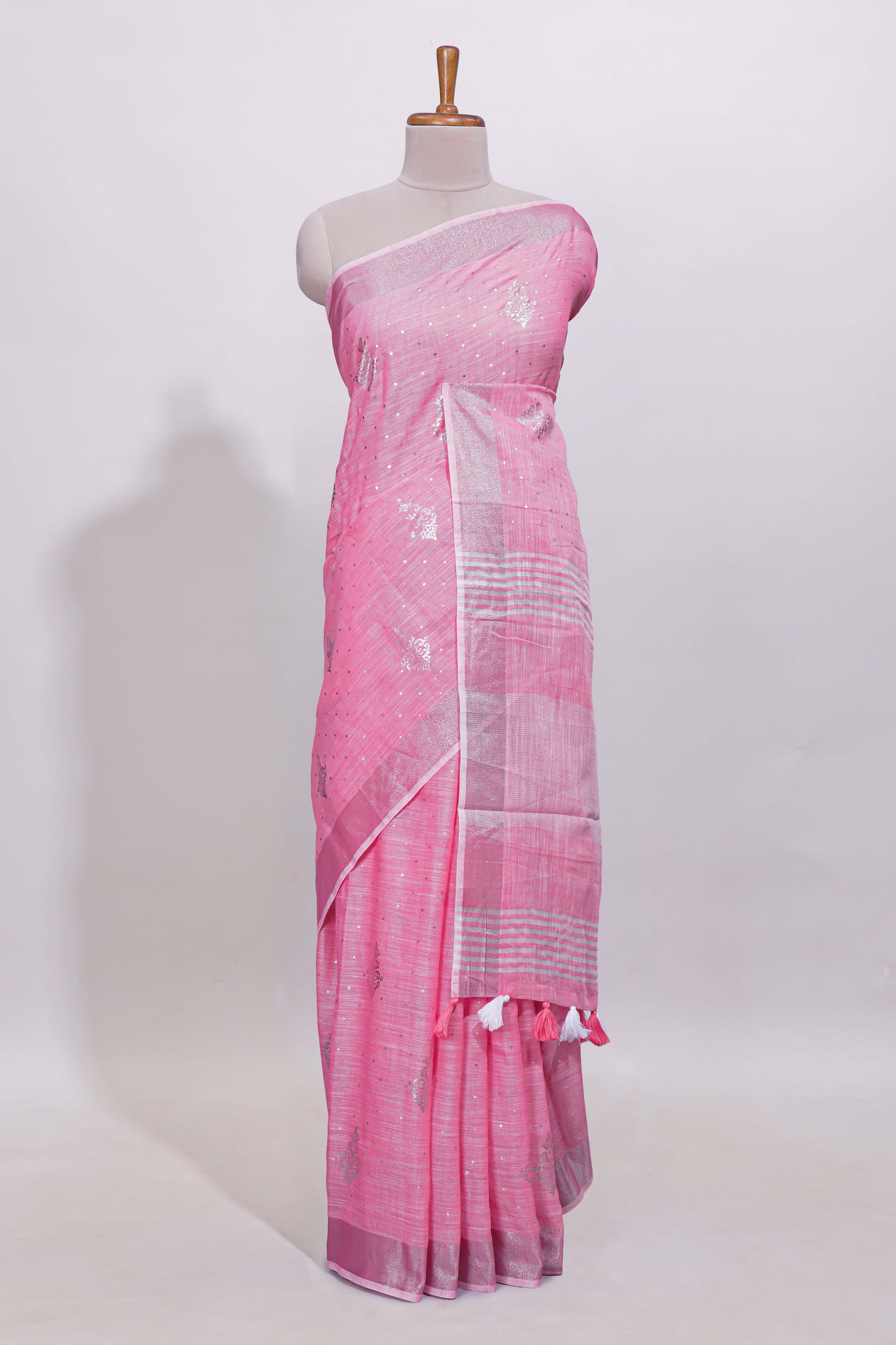 Pink butta designed linen cotton saree with self border and matching blouse