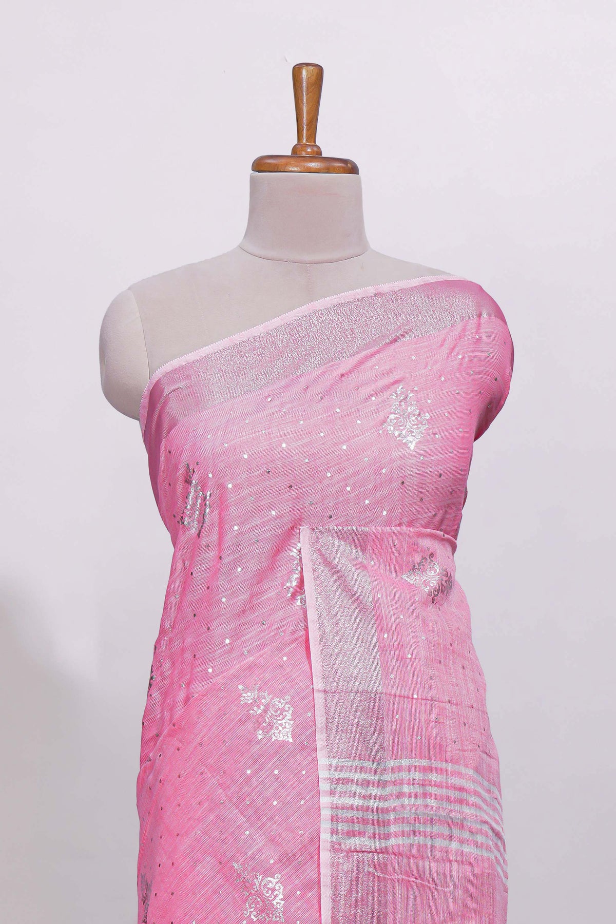 Pink butta designed linen cotton saree with self border and matching blouse