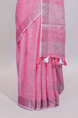 Pink butta designed linen cotton saree with self border and matching blouse
