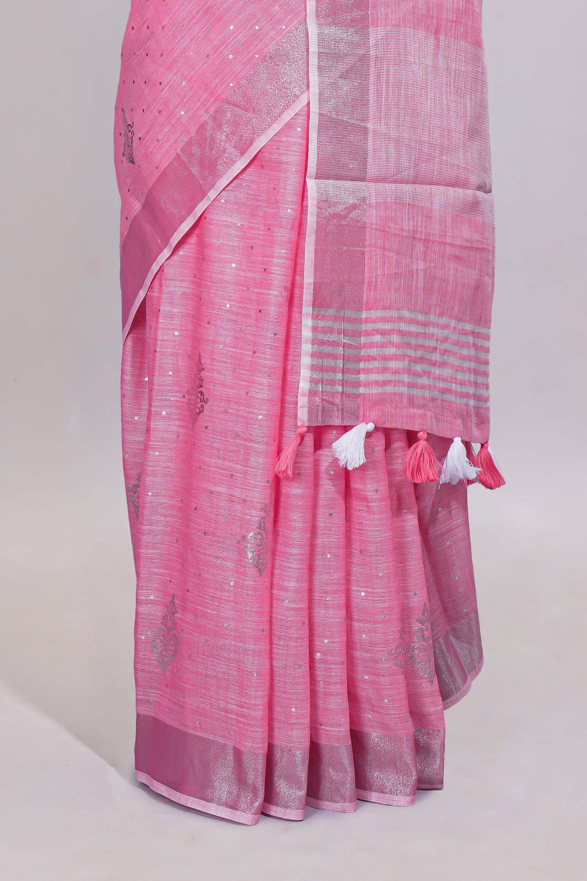 Pink butta designed linen cotton saree with self border and matching blouse