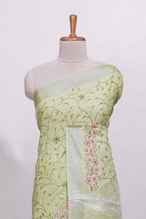 Pastel green floral designed linen cotton saree with self border and matching blouse
