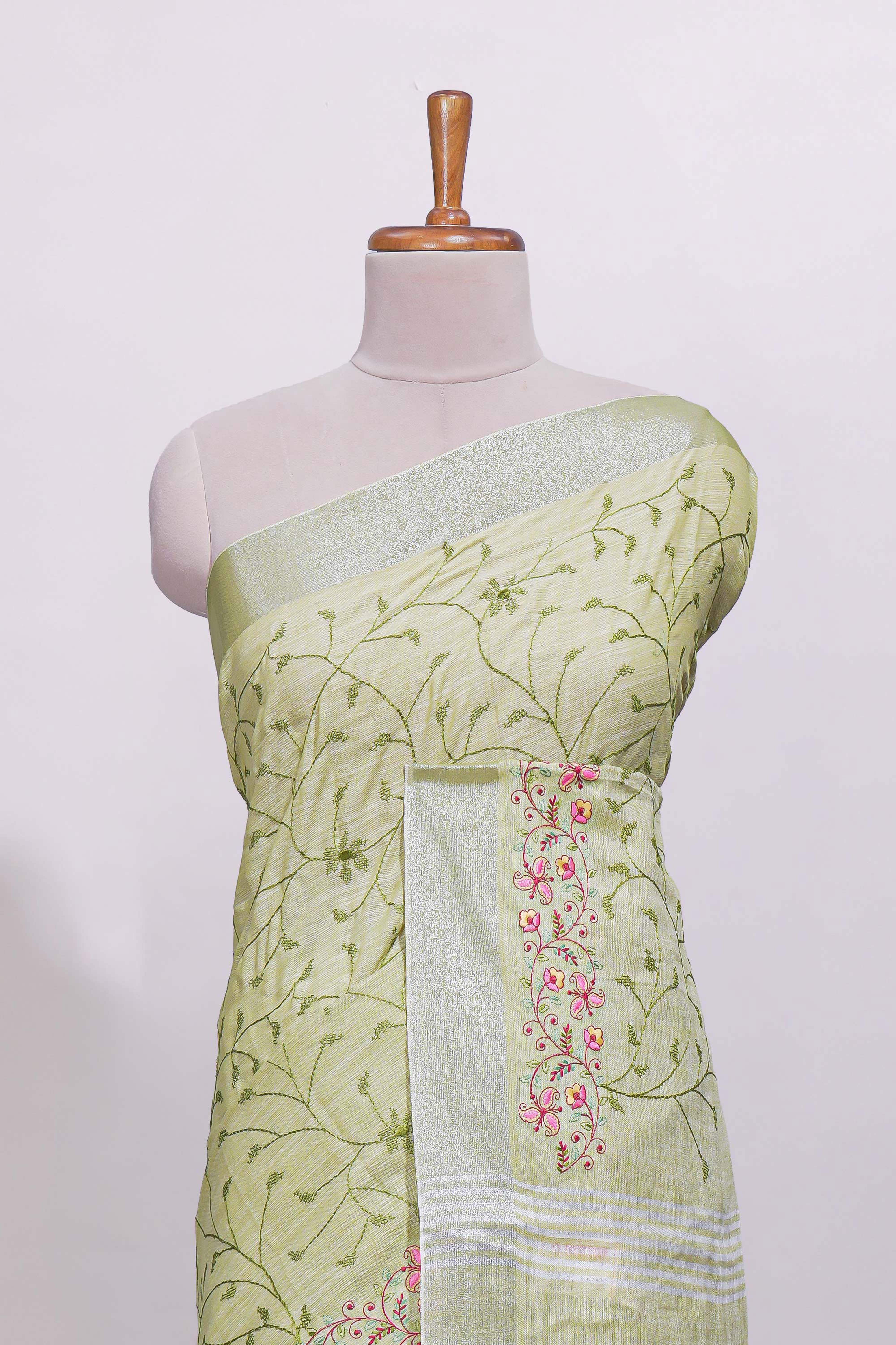 Pastel green floral designed linen cotton saree with self border and matching blouse