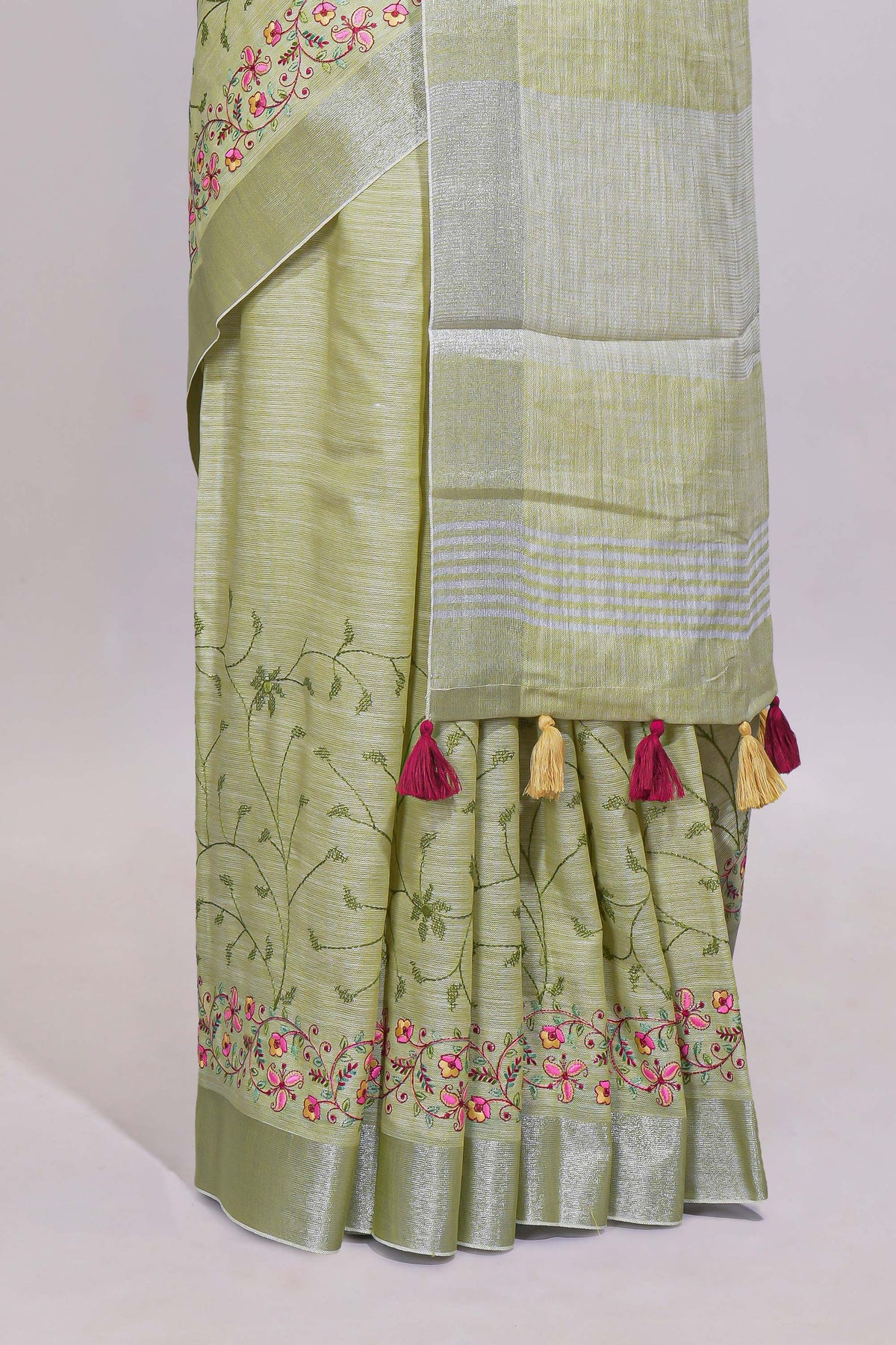 Pastel green floral designed linen cotton saree with self border and matching blouse