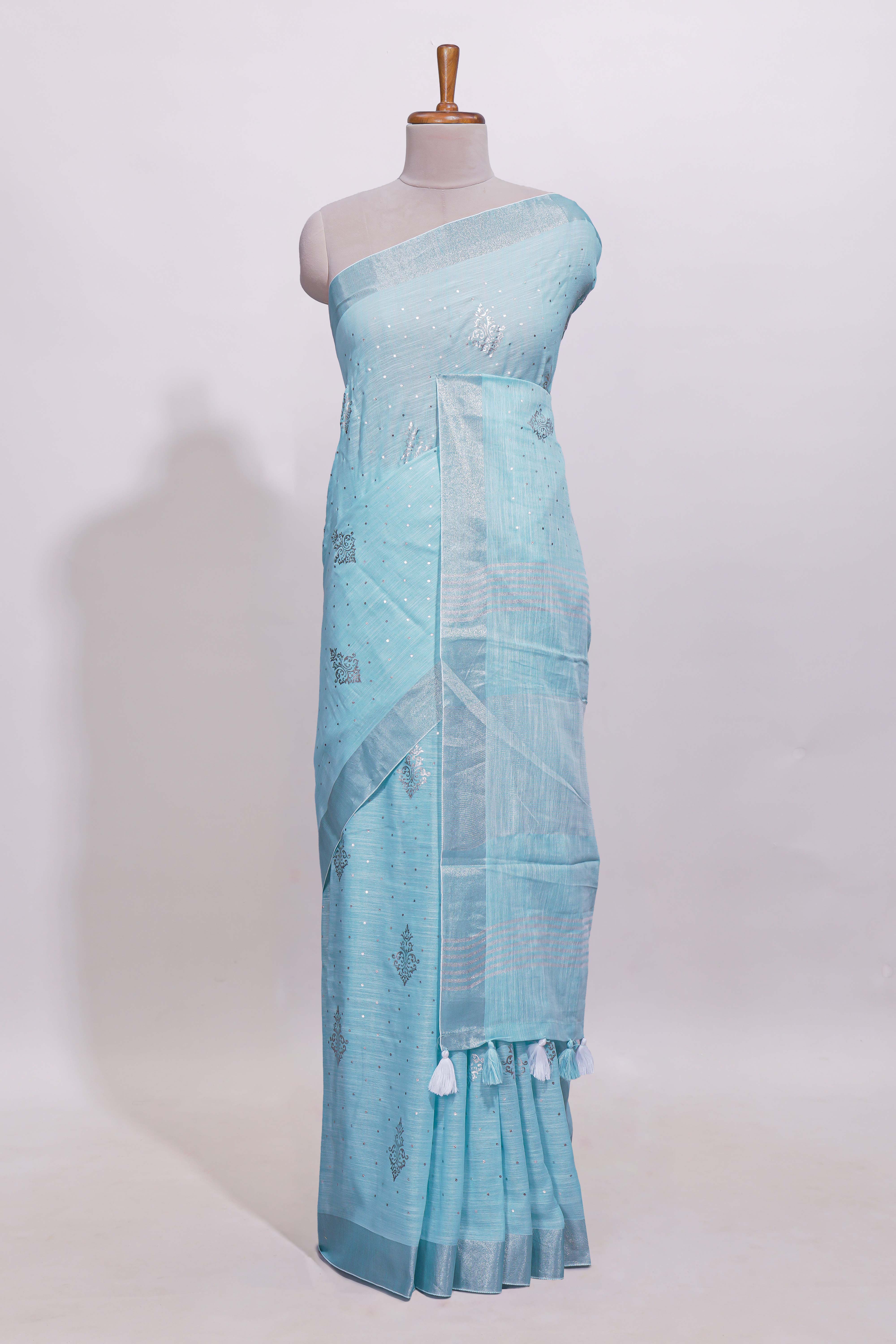 Blue zari butta designed linen cotton saree with self border and matching blouse