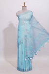Blue zari butta designed linen cotton saree with self border and matching blouse
