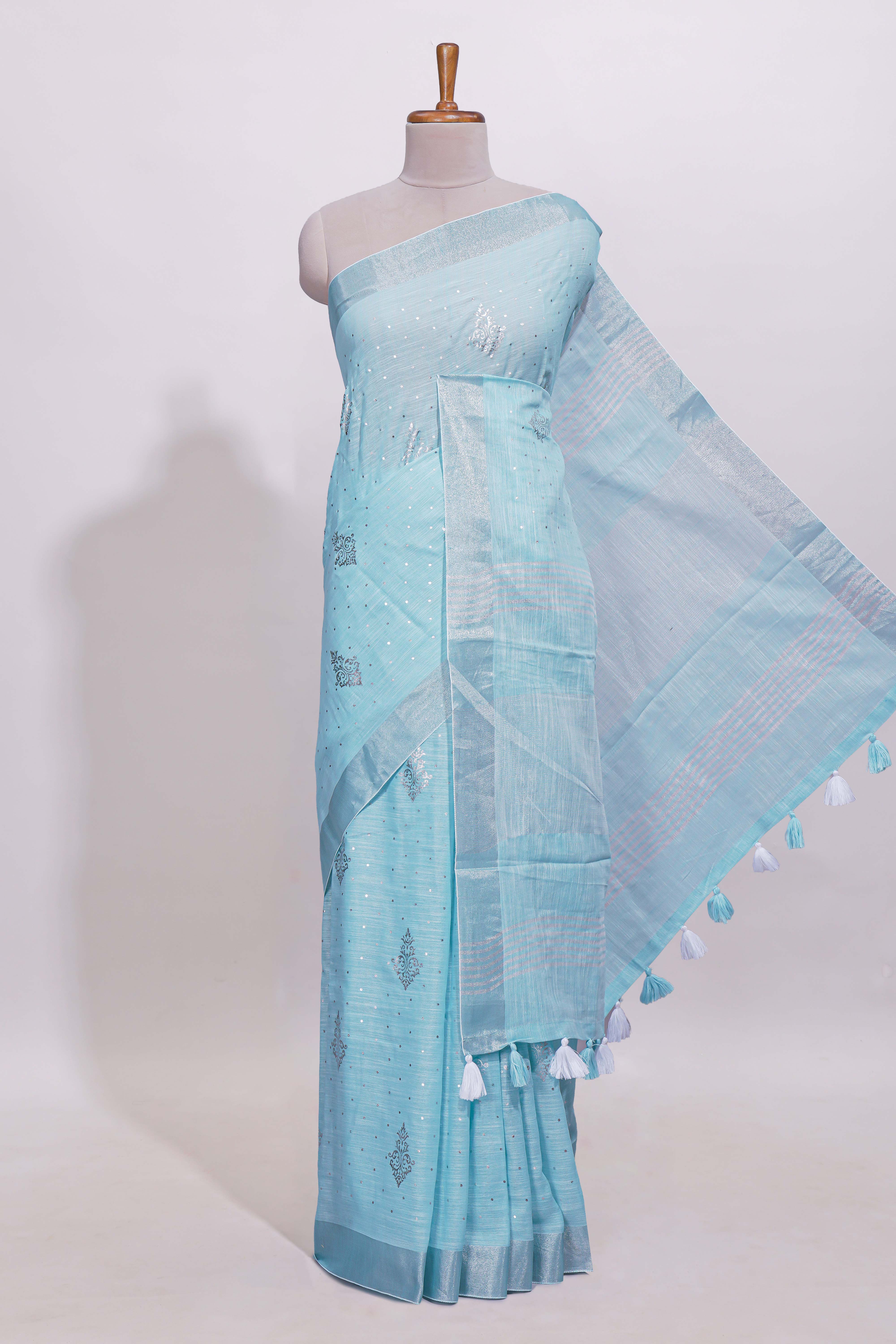 Blue zari butta designed linen cotton saree with self border and matching blouse