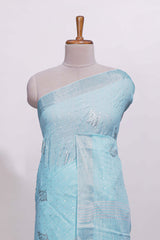 Blue zari butta designed linen cotton saree with self border and matching blouse