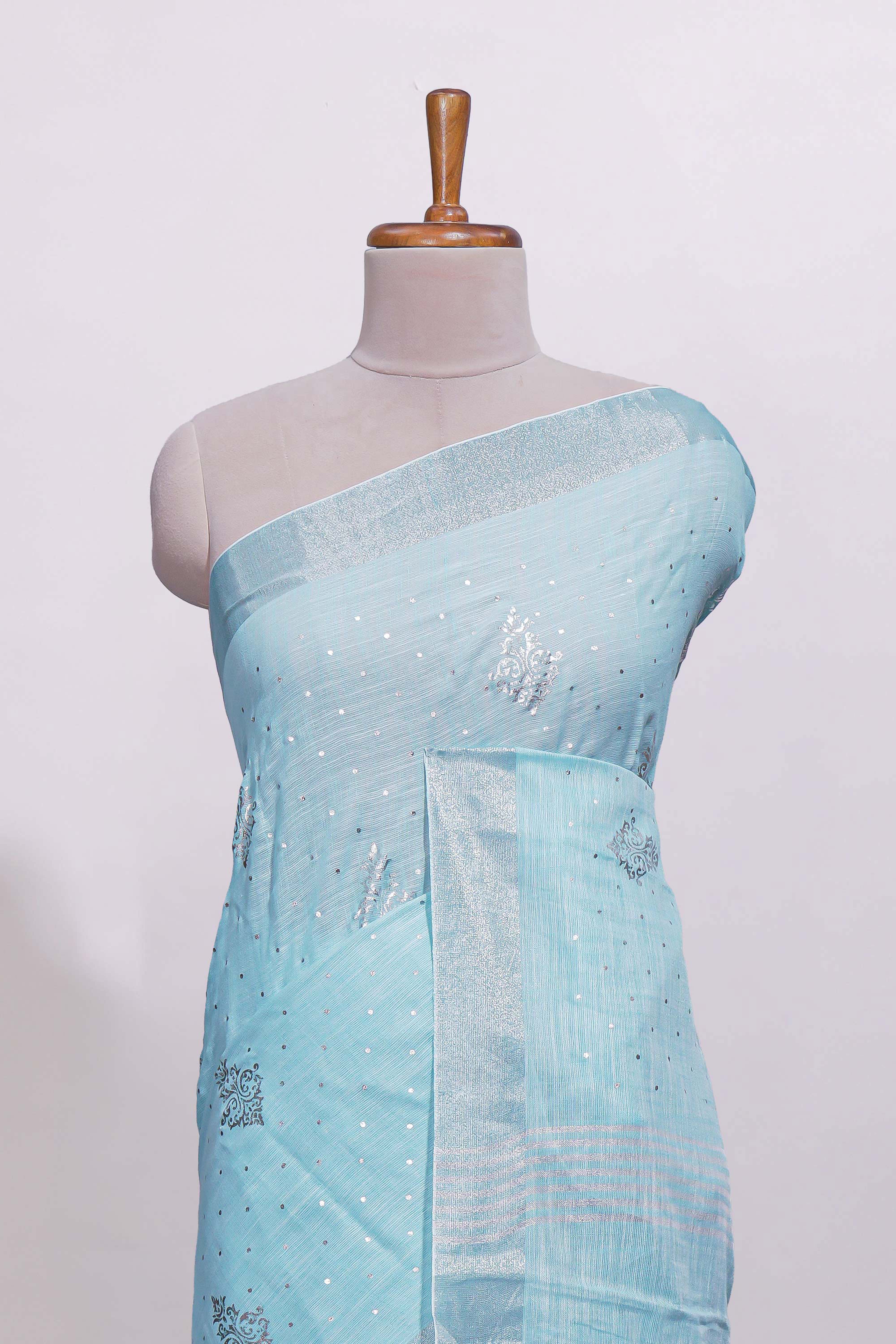 Blue zari butta designed linen cotton saree with self border and matching blouse
