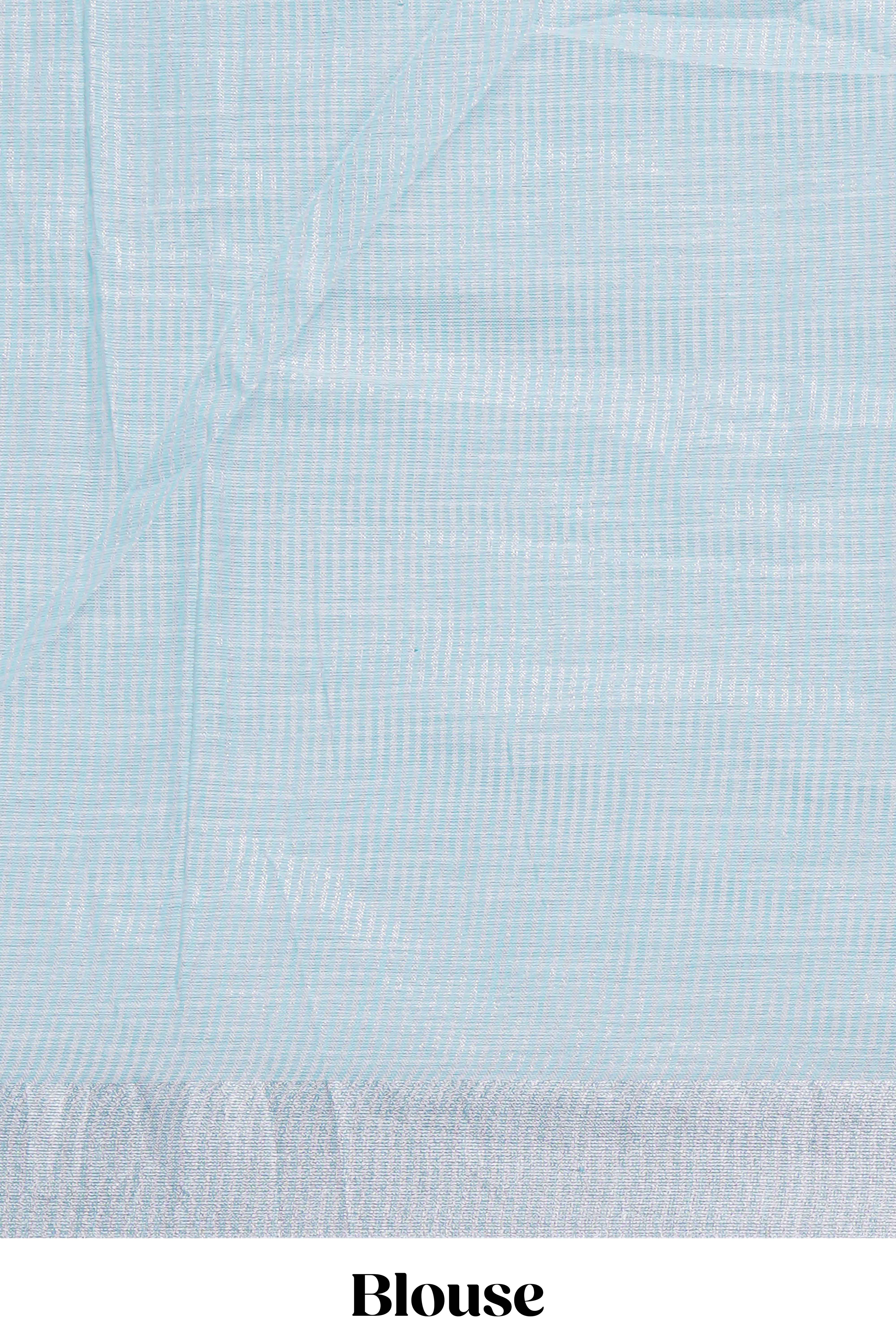 Blue zari butta designed linen cotton saree with self border and matching blouse