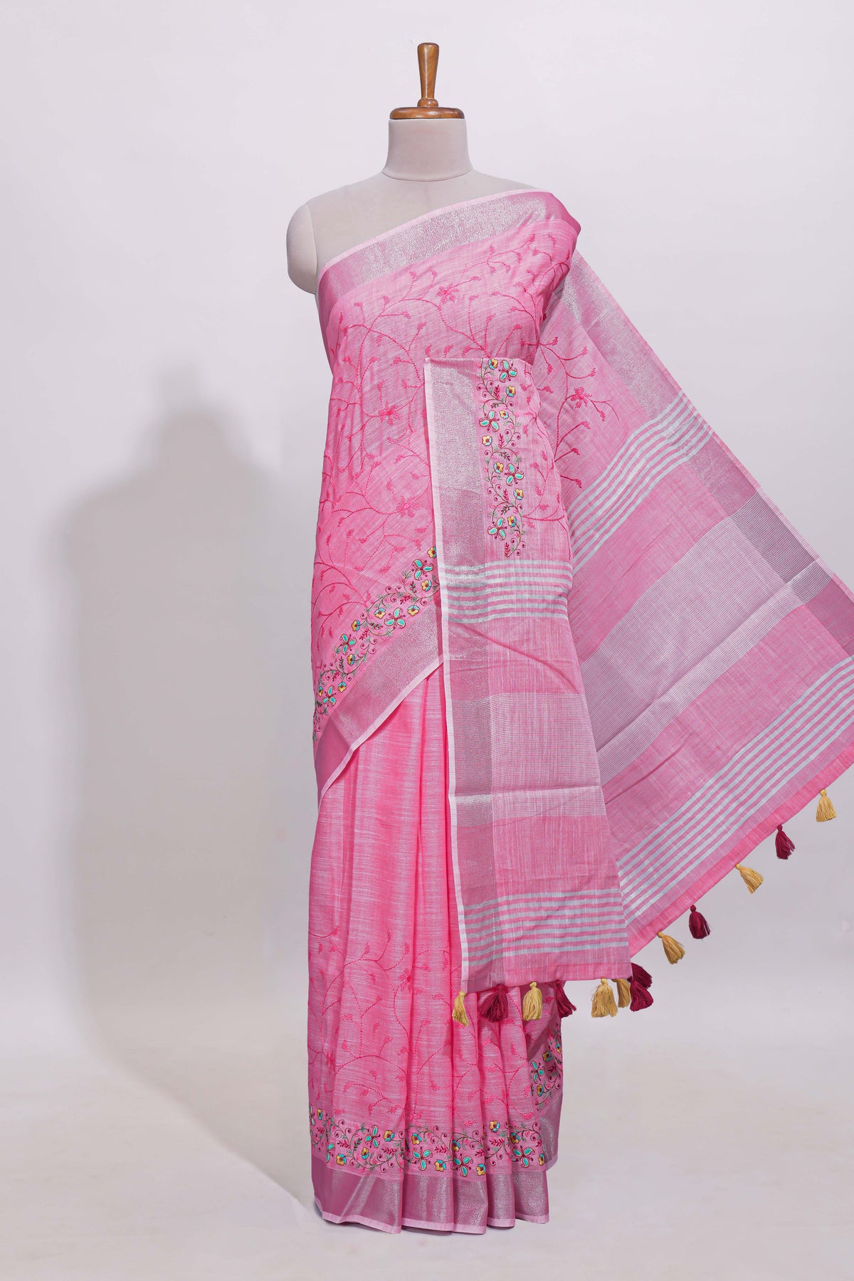 Pink floral designed linen cotton saree with self border and matching blouse