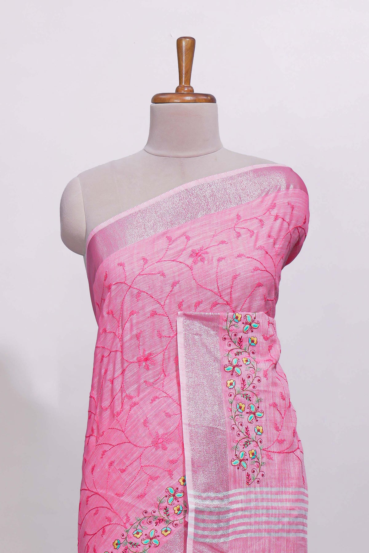Pink floral designed linen cotton saree with self border and matching blouse