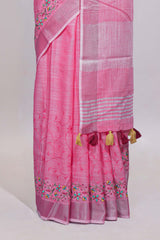 Pink floral designed linen cotton saree with self border and matching blouse