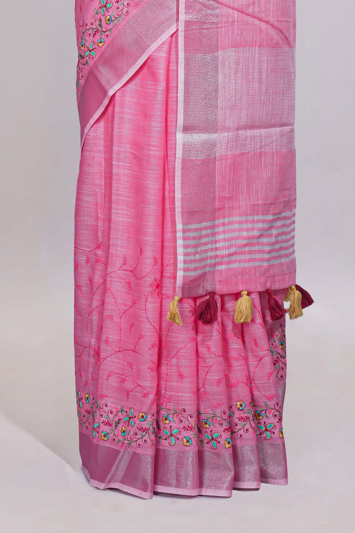 Pink floral designed linen cotton saree with self border and matching blouse