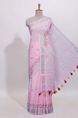 Light pink floral designed linen cotton saree with self border and matching blouse