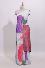 White bandhini designed linen cotton saree with self border and contrast blouse