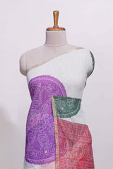 White bandhini designed linen cotton saree with self border and contrast blouse
