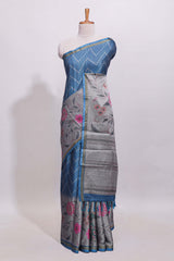 Steel blue geometric designed linen cotton saree with contrast border and blouse