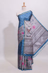 Steel blue geometric designed linen cotton saree with contrast border and blouse