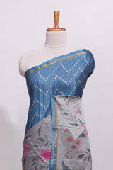 Steel blue geometric designed linen cotton saree with contrast border and blouse