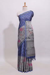 Ink blue geometric designed linen cotton saree with contrast border and blouse