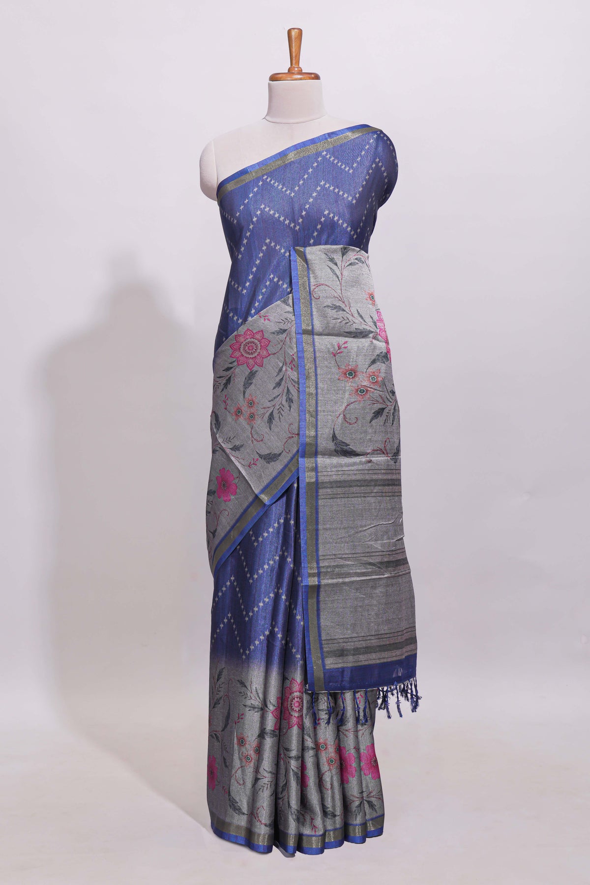 Ink blue geometric designed linen cotton saree with contrast border and blouse