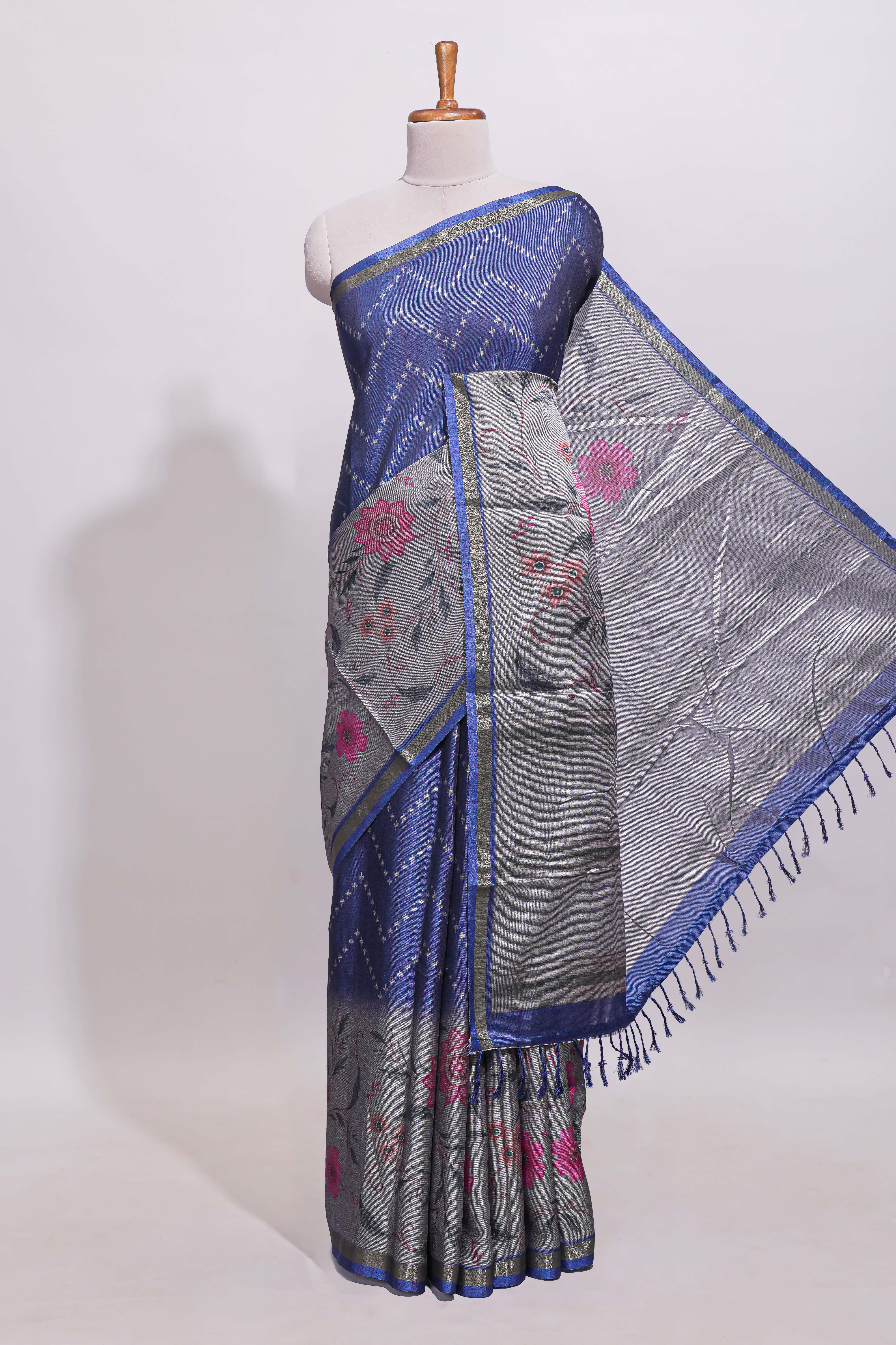 Ink blue geometric designed linen cotton saree with contrast border and blouse
