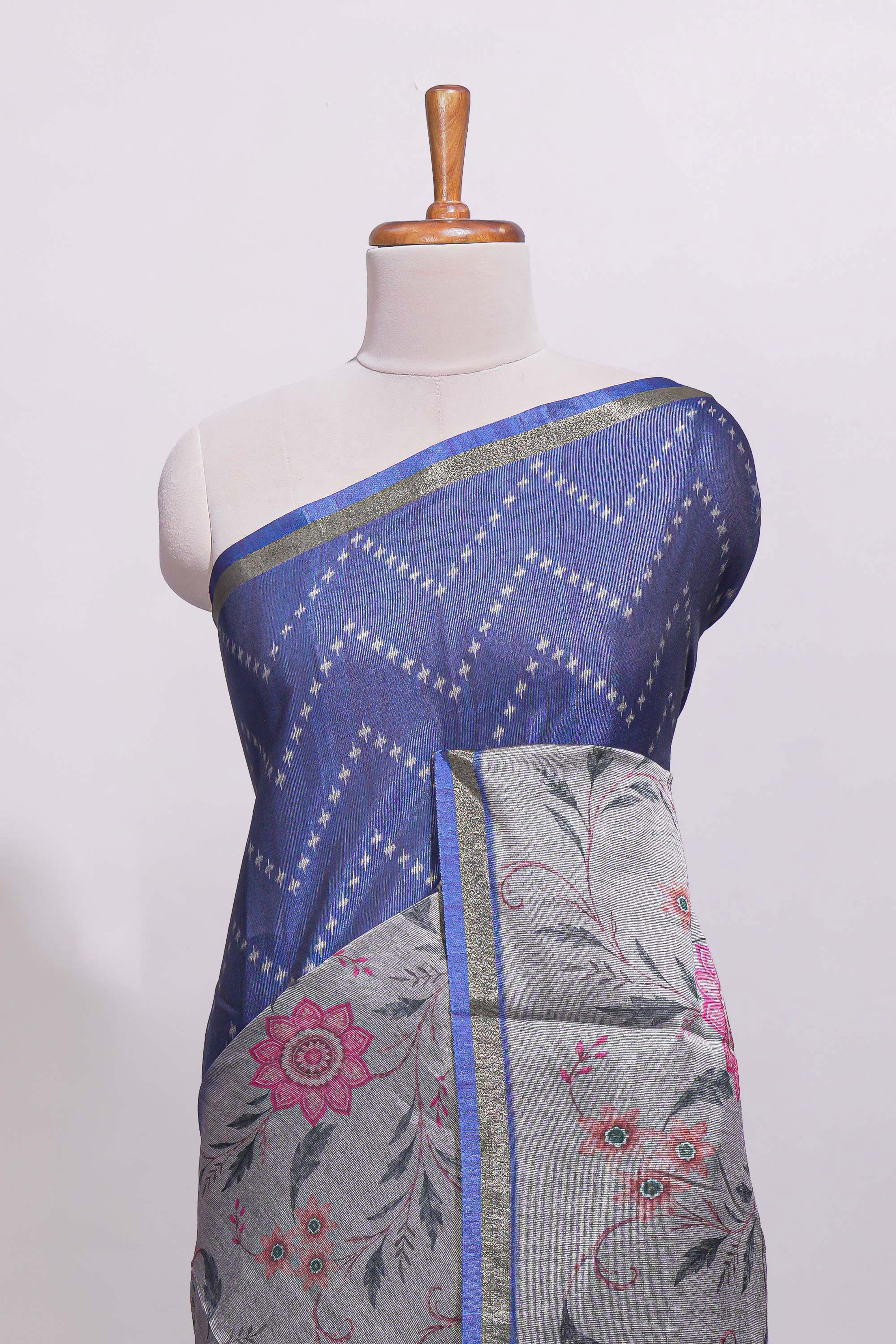 Ink blue geometric designed linen cotton saree with contrast border and blouse