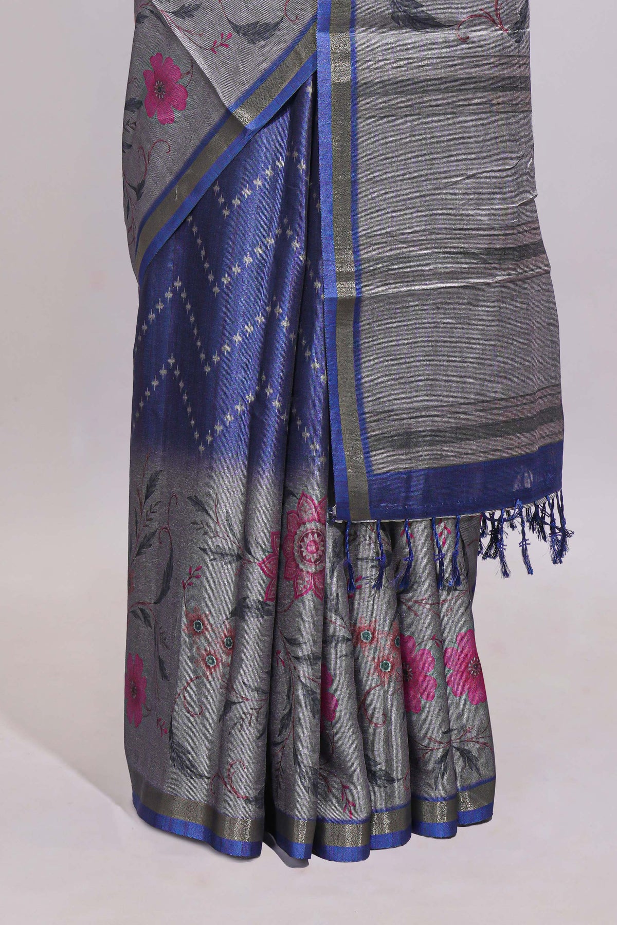Ink blue geometric designed linen cotton saree with contrast border and blouse