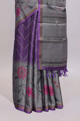Purple geometric designed linen cotton saree with contrast border and blouse