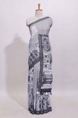 Black and white architectural cityscape print linen cotton saree with contrast border and blouse