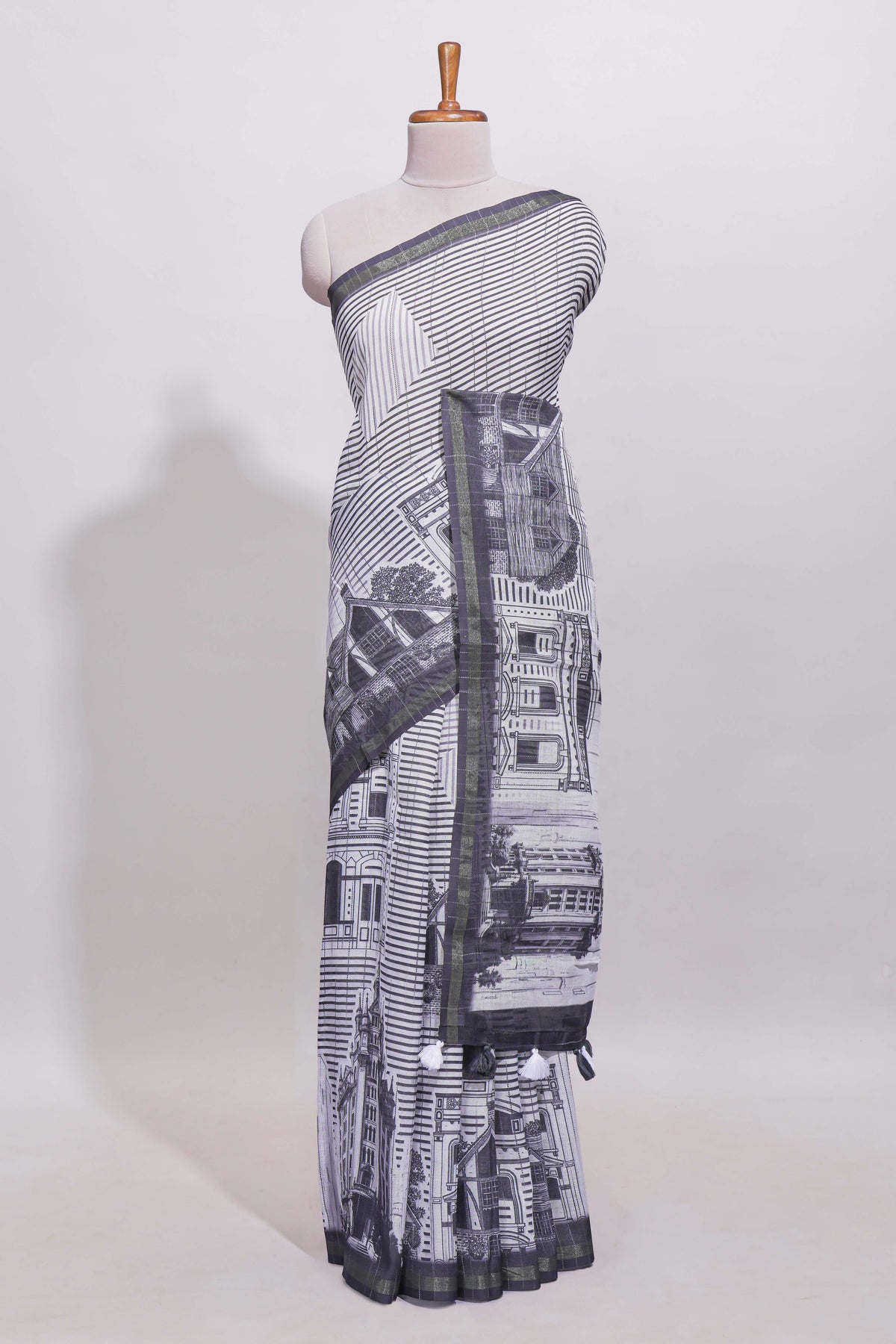Black and white architectural cityscape print linen cotton saree with contrast border and blouse