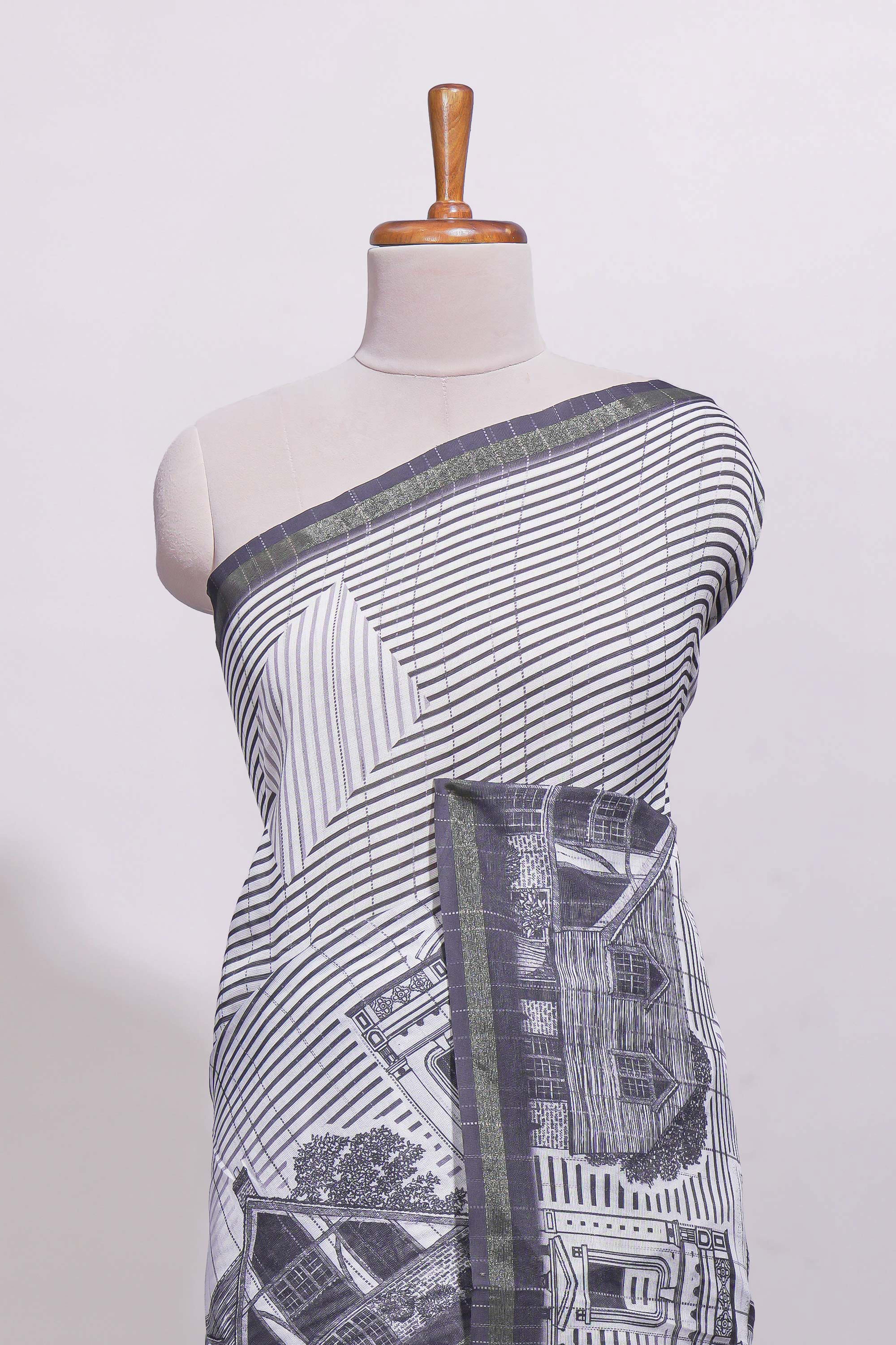 Black and white architectural cityscape print linen cotton saree with contrast border and blouse