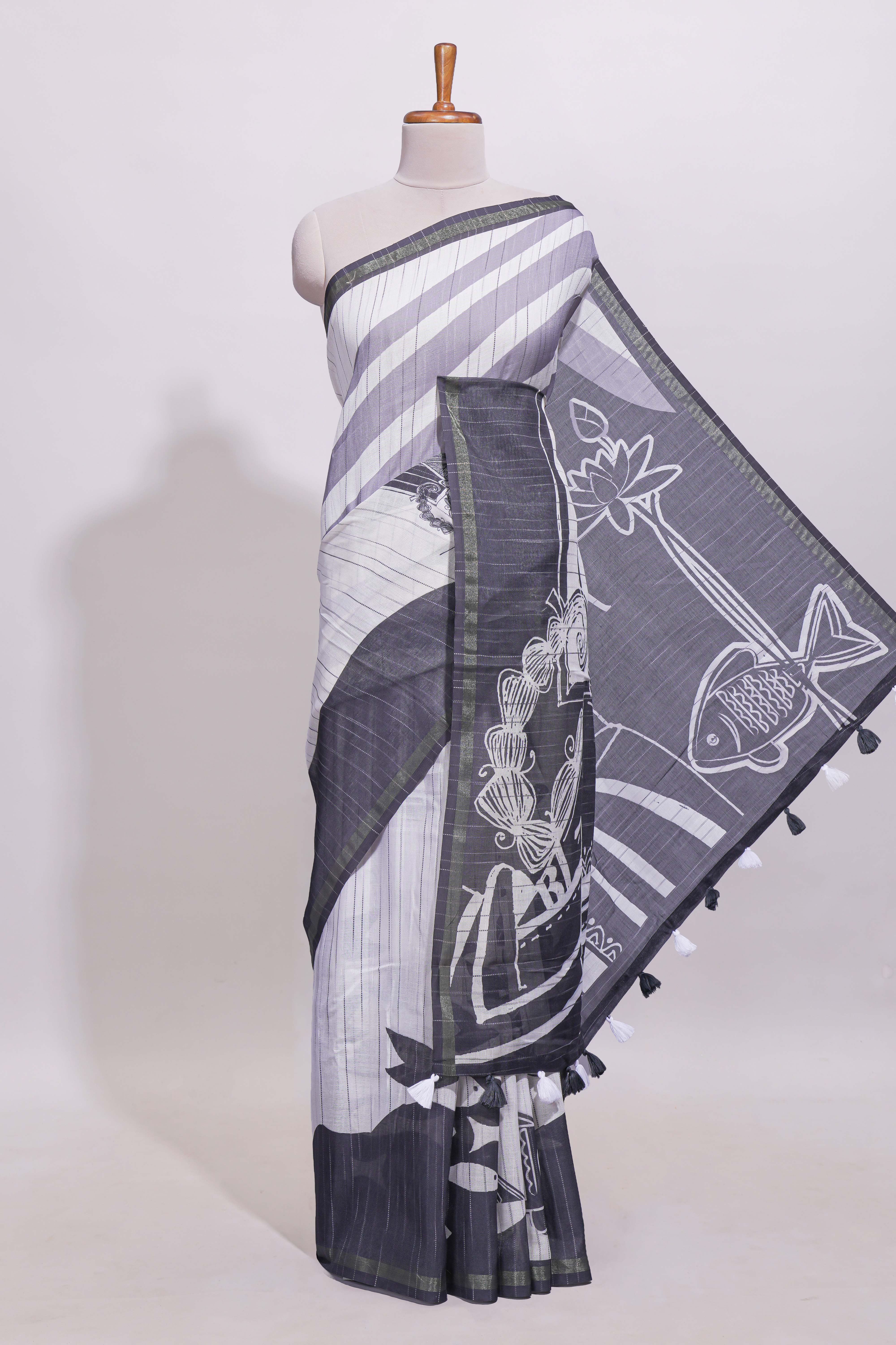 Black and white unique designed linen cotton saree with contrast border and blouse