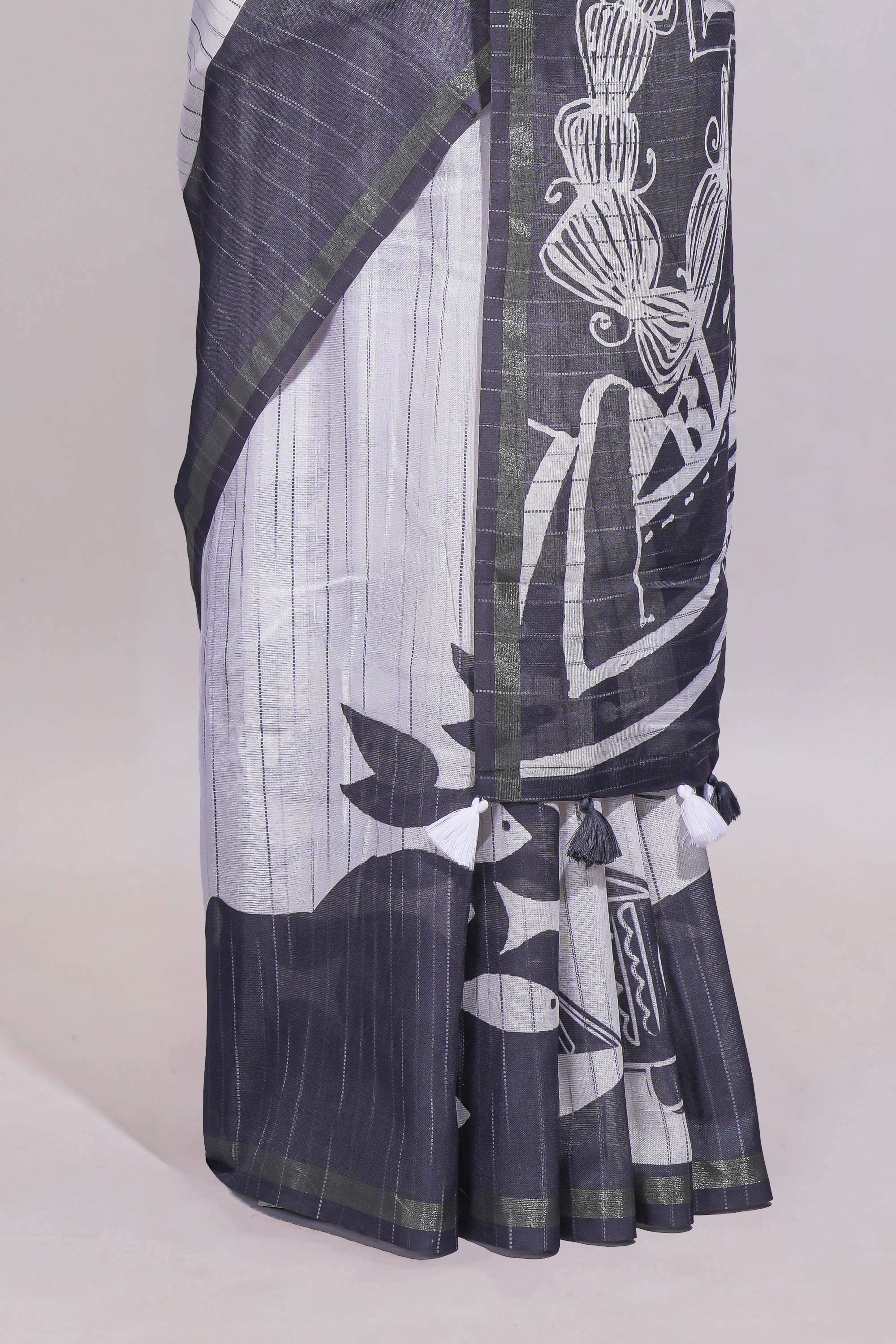 Black and white unique designed linen cotton saree with contrast border and blouse