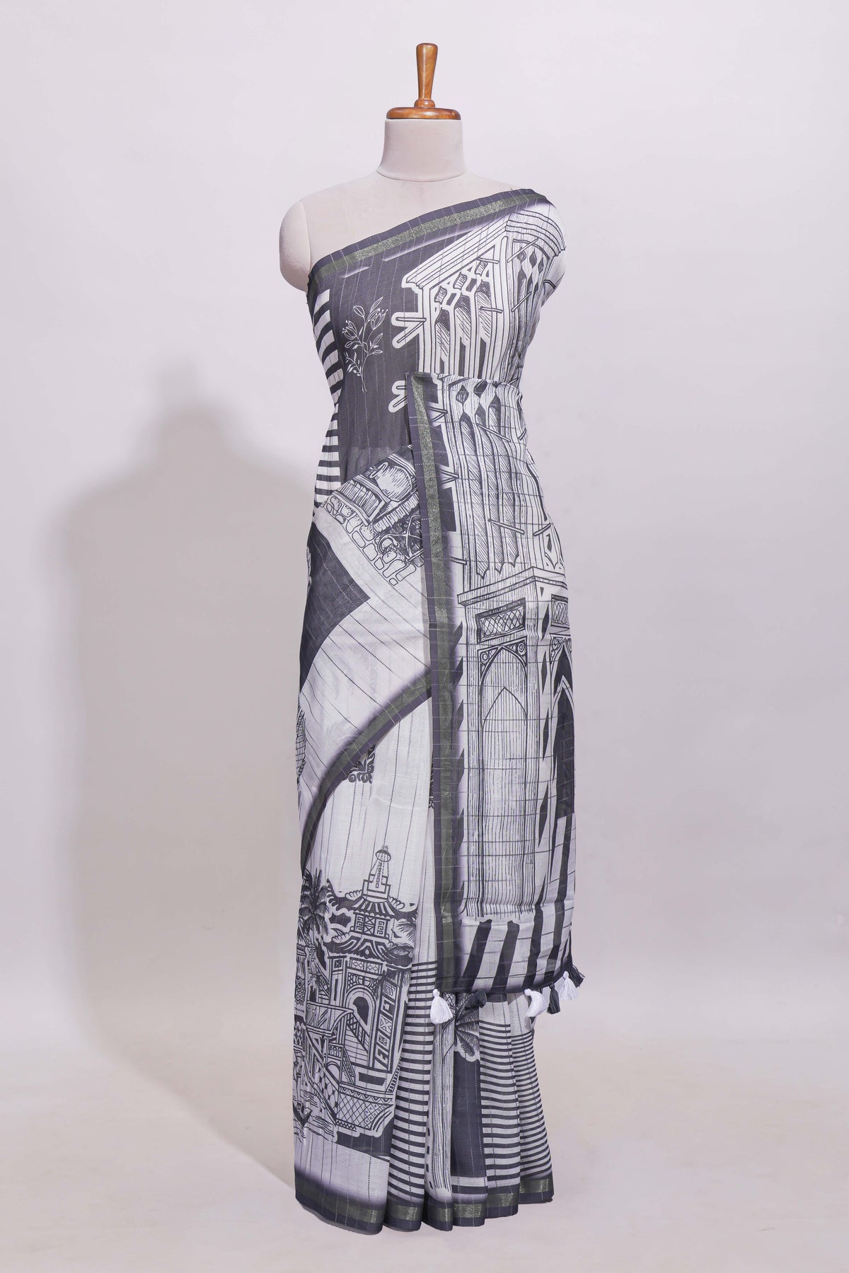 White architectural cityscape print linen cotton saree with contrast border and blouse