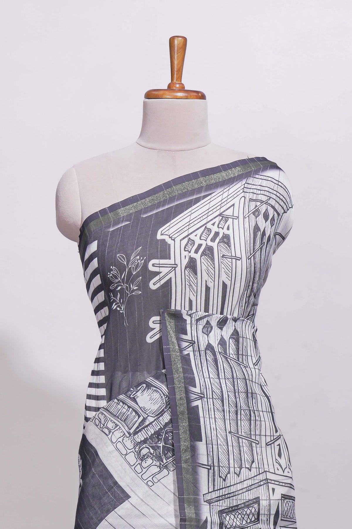 White architectural cityscape print linen cotton saree with contrast border and blouse