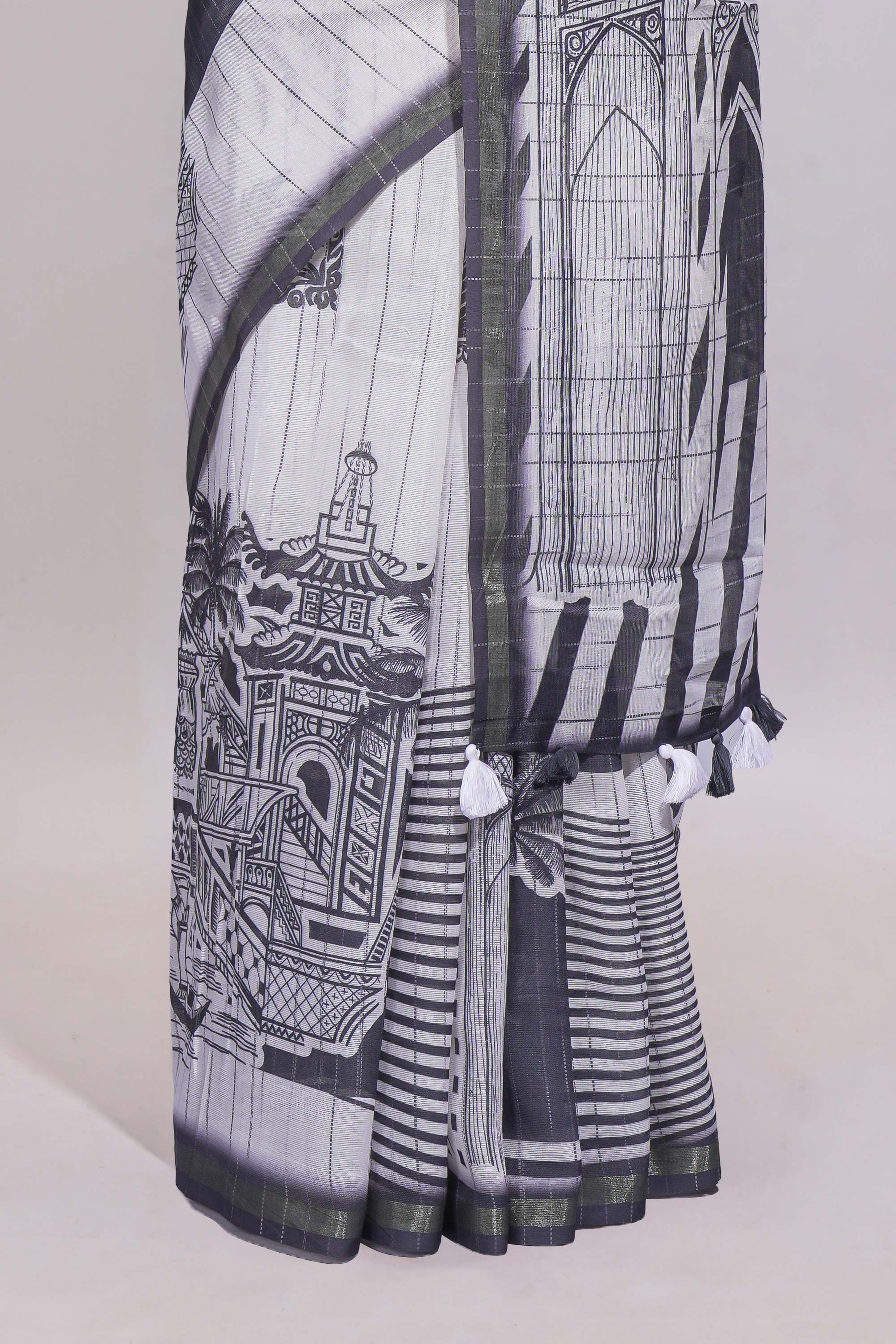 White architectural cityscape print linen cotton saree with contrast border and blouse